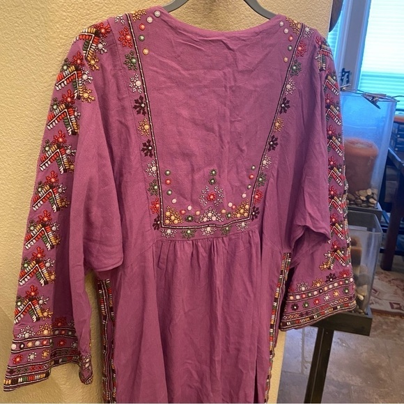 FREE PEOPLE Women Purple Multicolor Embroidery Linen Tassel Tunic Dress Size S/M - Picture 6 of 9